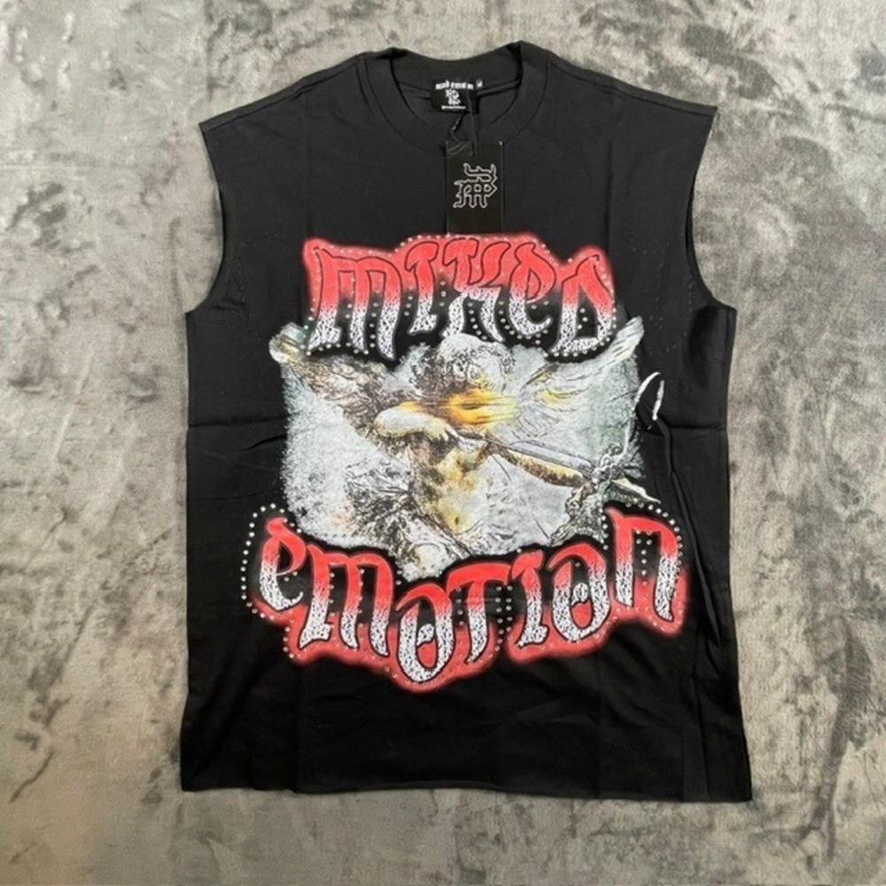 Mixed Emotion Angel Rhinestone Sleeveless Black Graphic Tee Mens XL Streetwear